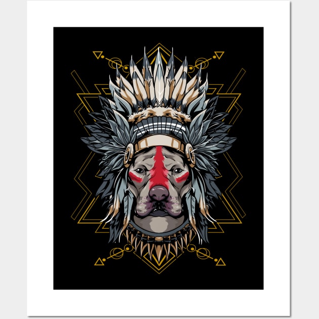 Chieftain Pitbull Dog Indian Headdress Warrior Wall Art by E